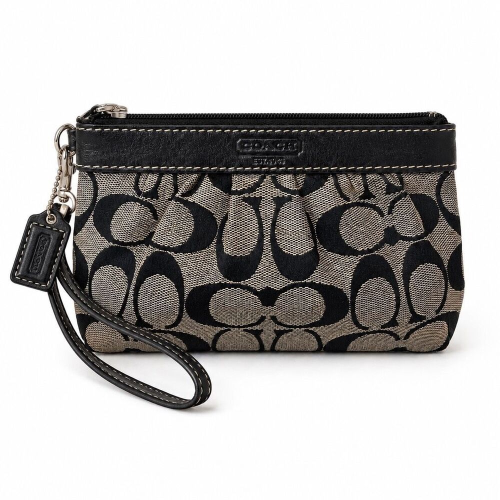 Coach Signature Soho Jacquard Wristlet Black Beige Canvas Leather Zip Clutch